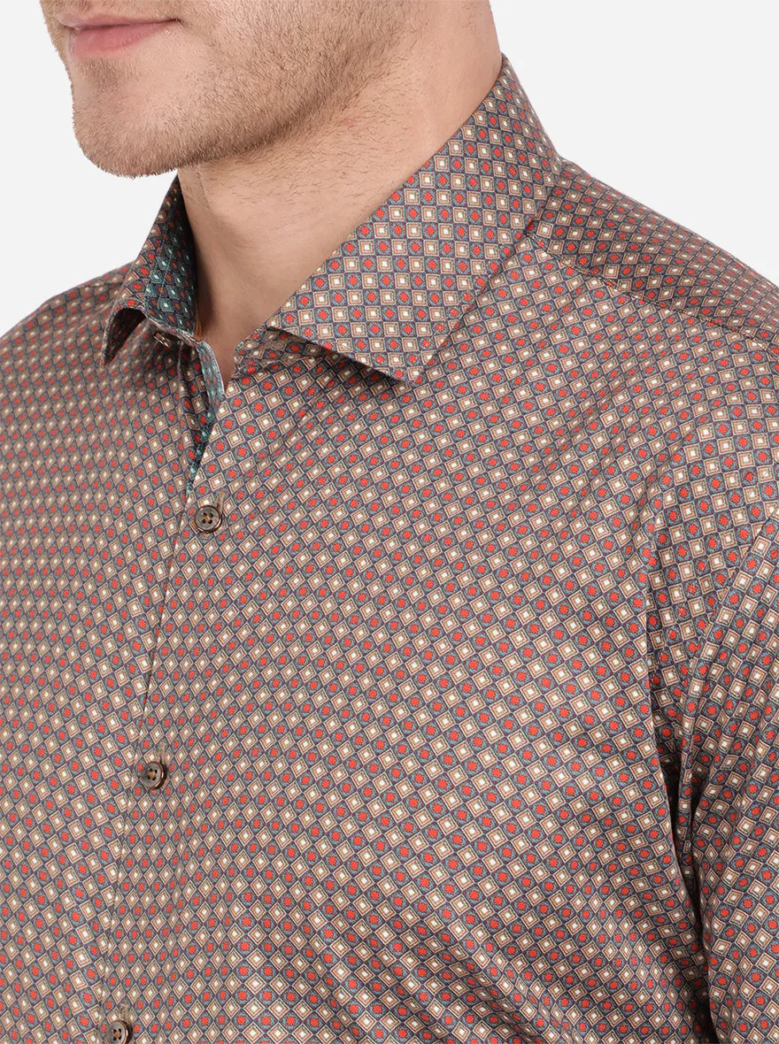 Grey & Orange Printed Slim Fit Party Wear Shirt | JB Studio