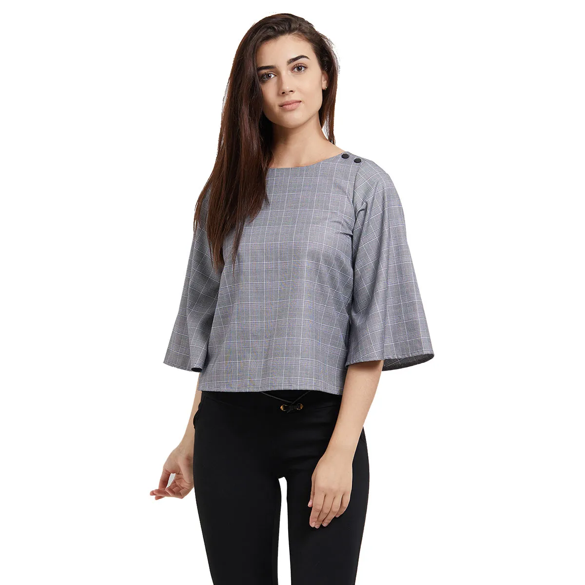 Grey Checkered Top with Flute Sleeves