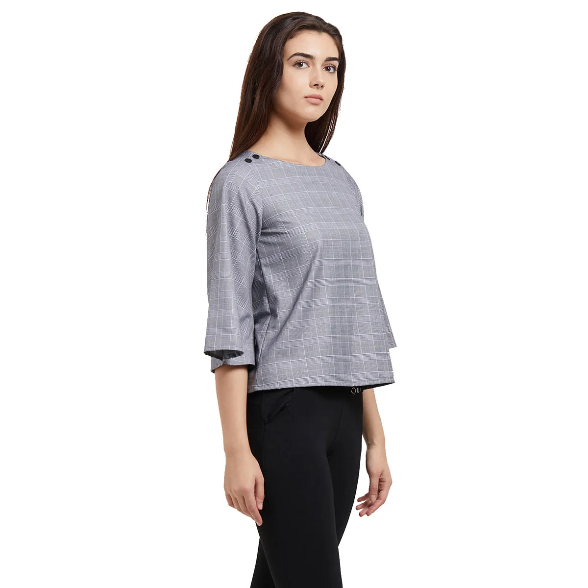 Grey Checkered Top with Flute Sleeves