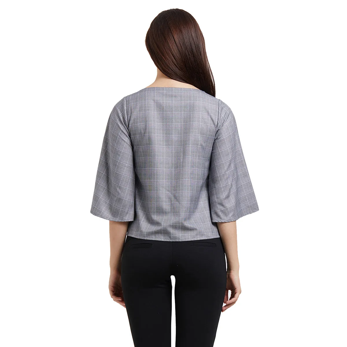 Grey Checkered Top with Flute Sleeves