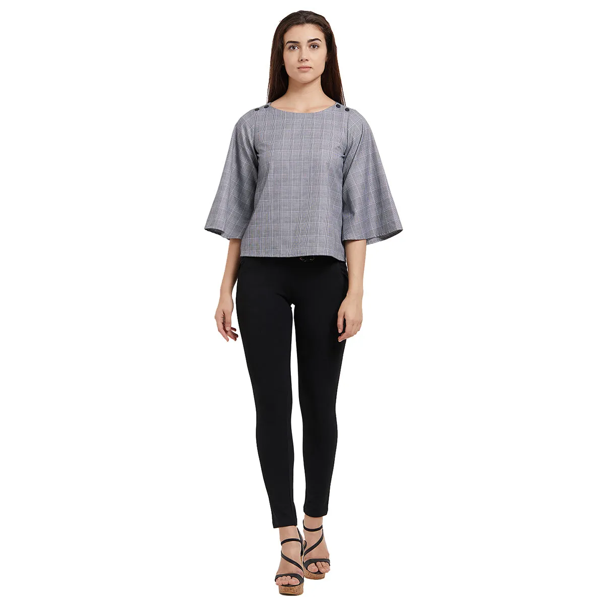 Grey Checkered Top with Flute Sleeves