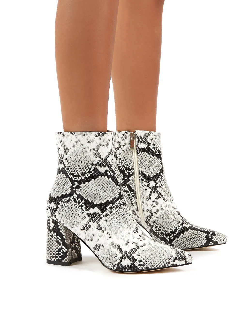 Grizzly White Snake Block Heeled Ankle Boots