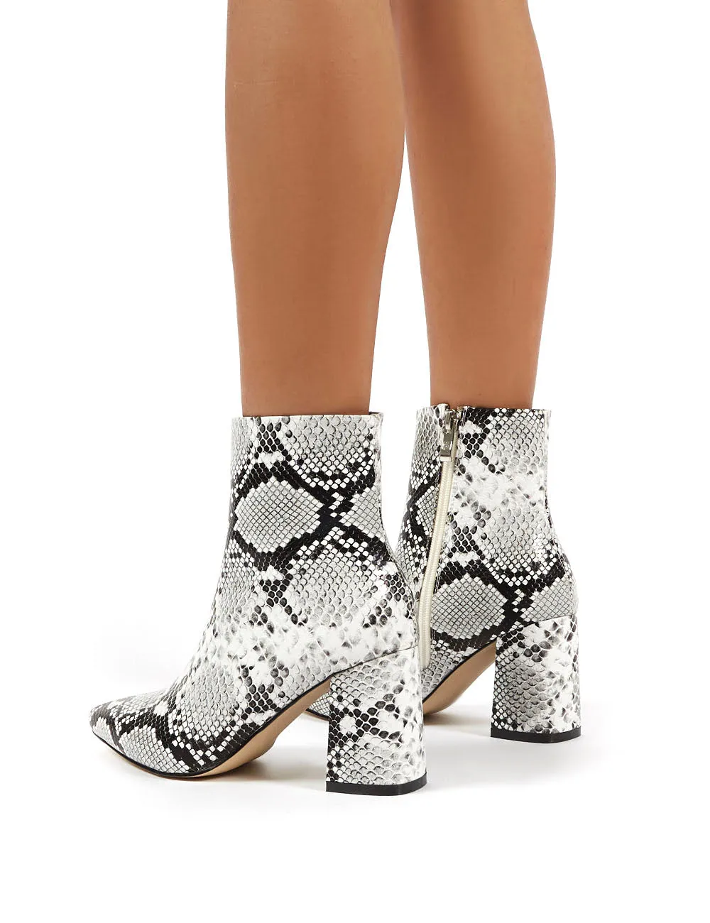 Grizzly White Snake Block Heeled Ankle Boots