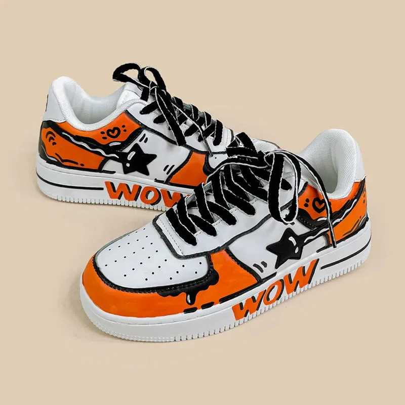 Hand Painted Bold Orange Casual White Shoes - Unisex