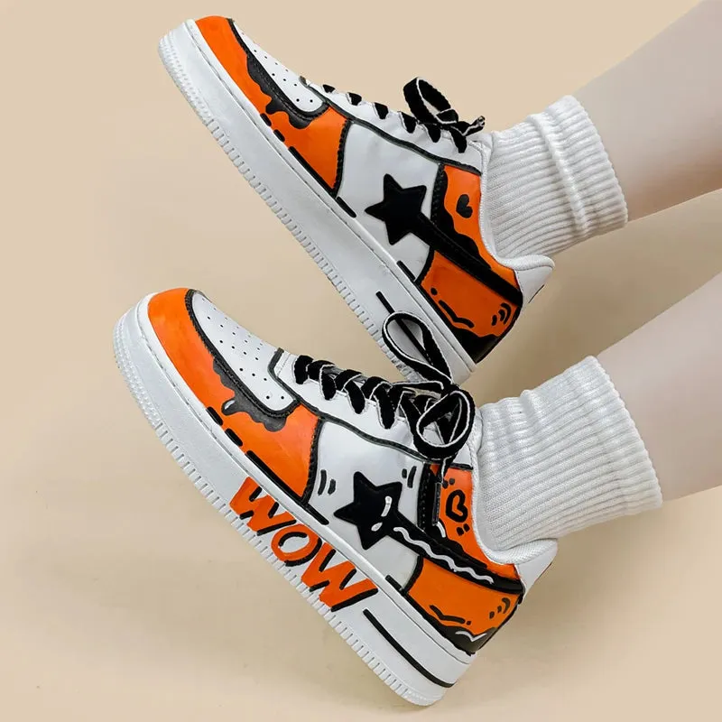 Hand Painted Bold Orange Casual White Shoes - Unisex