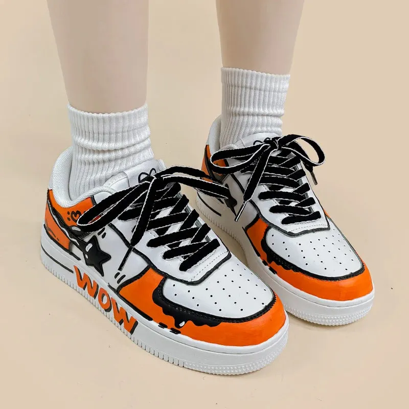 Hand Painted Bold Orange Casual White Shoes - Unisex