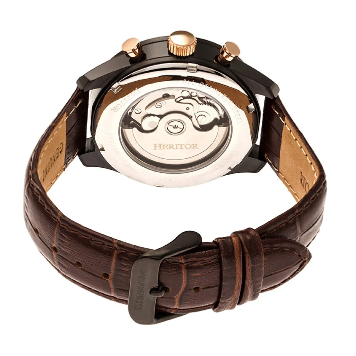 Heritor Automatic Benedict Leather-Band Watch w/ Day/Date - Black/Dark Brown