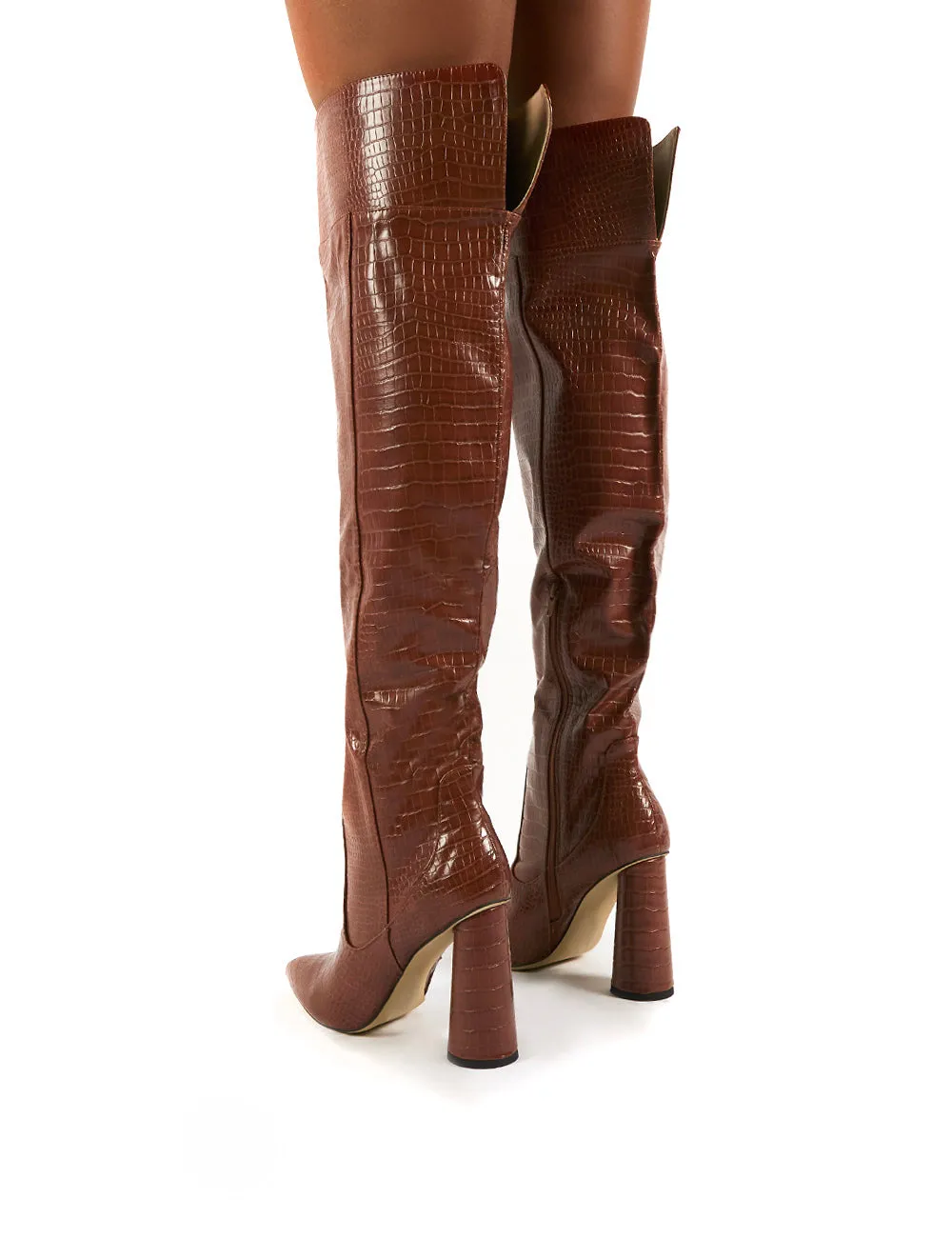 Hometown Wide Fit Tan Croc Over The Knee Heeled Boots