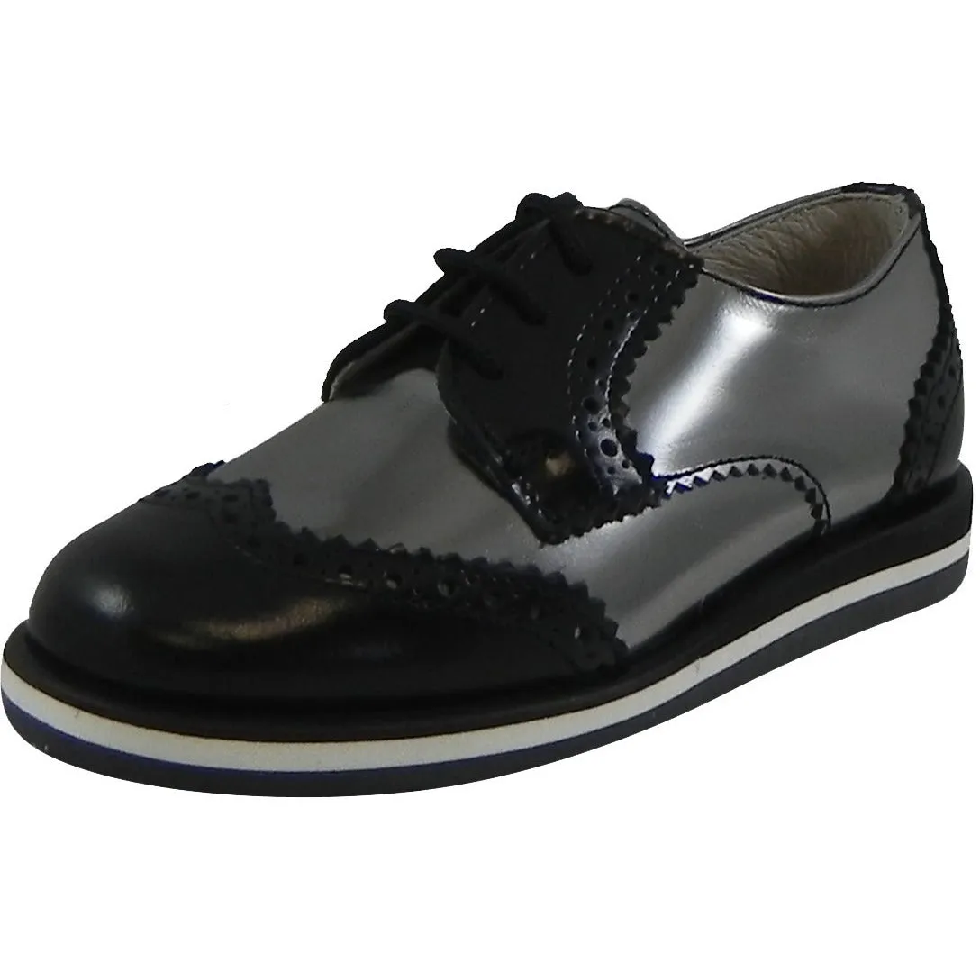 Hoo Shoes Charlie's Boy's Metallic Leather Platform Lace Up Oxford Loafer Shoes Pewter Black