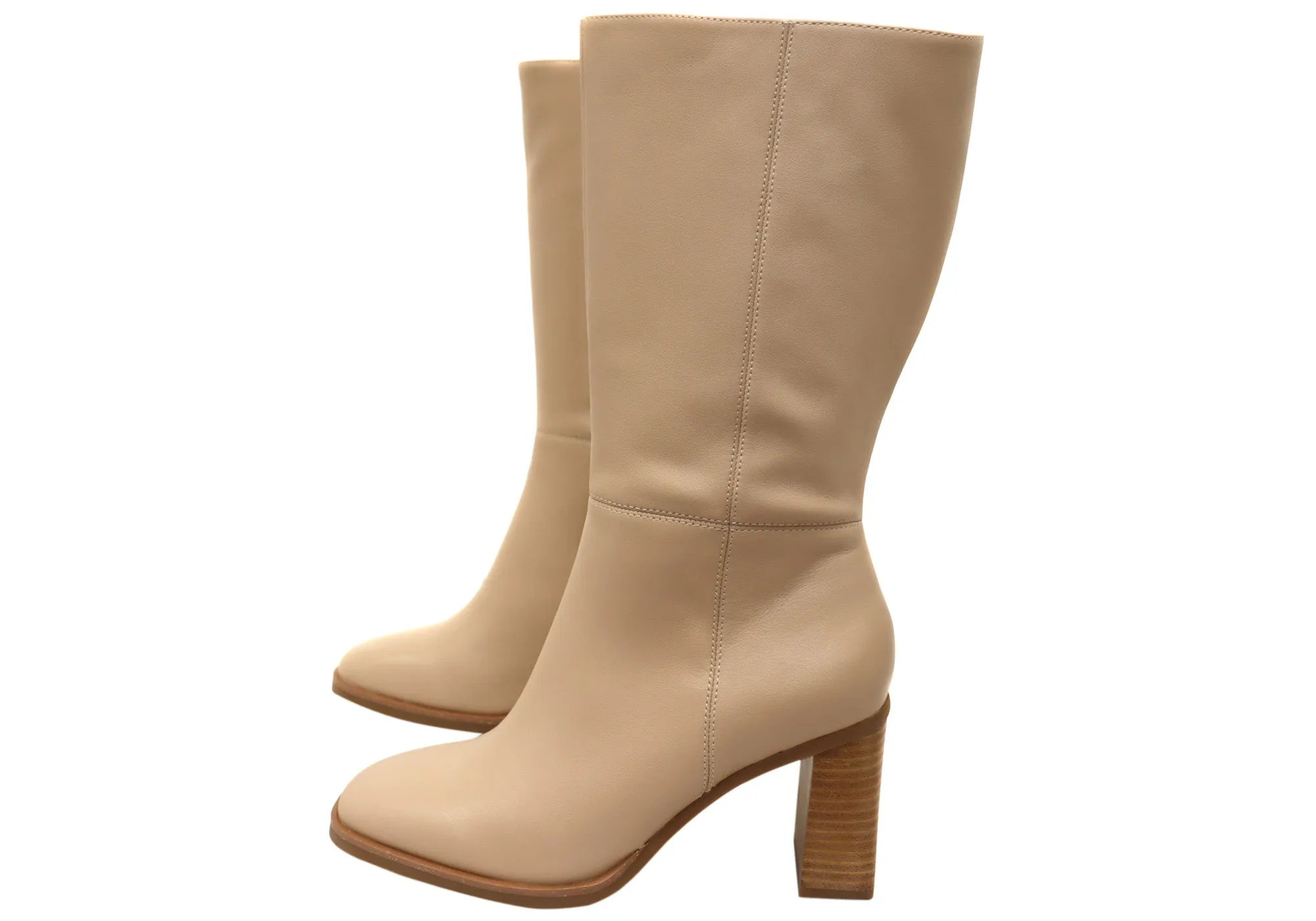 Hush Puppies Patron Womens Leather Heeled Mid Calf Nude Boots