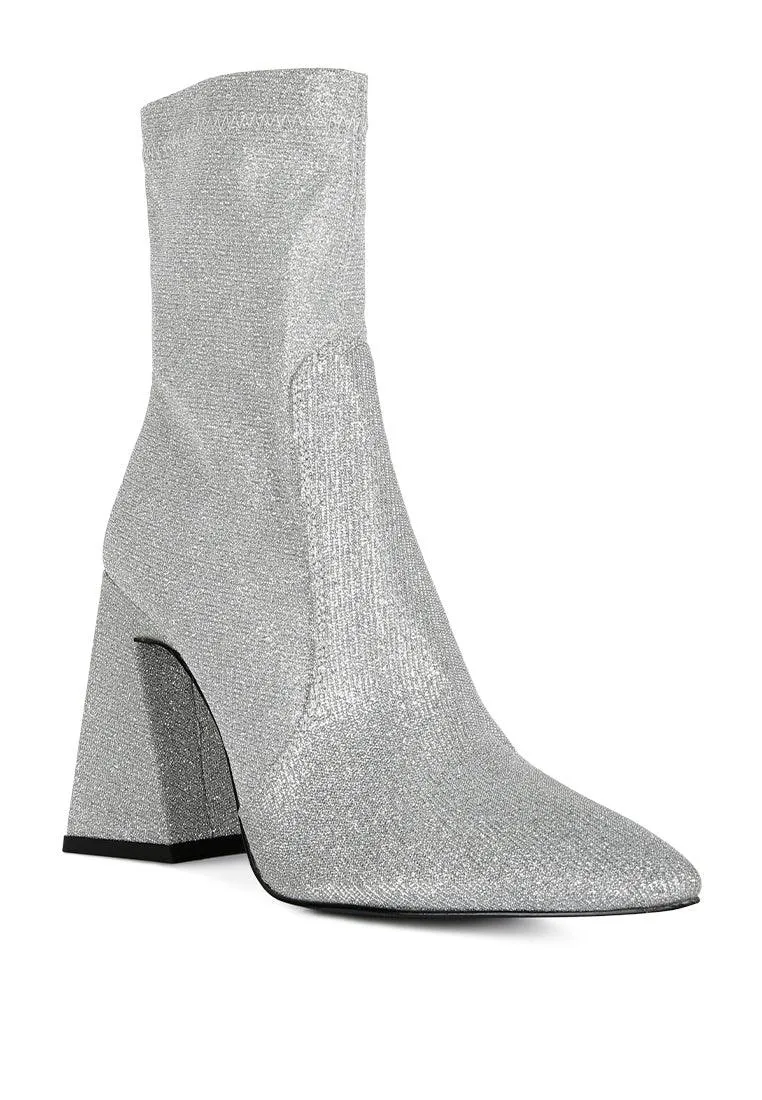 hustlers shimmer block heeled ankle boots