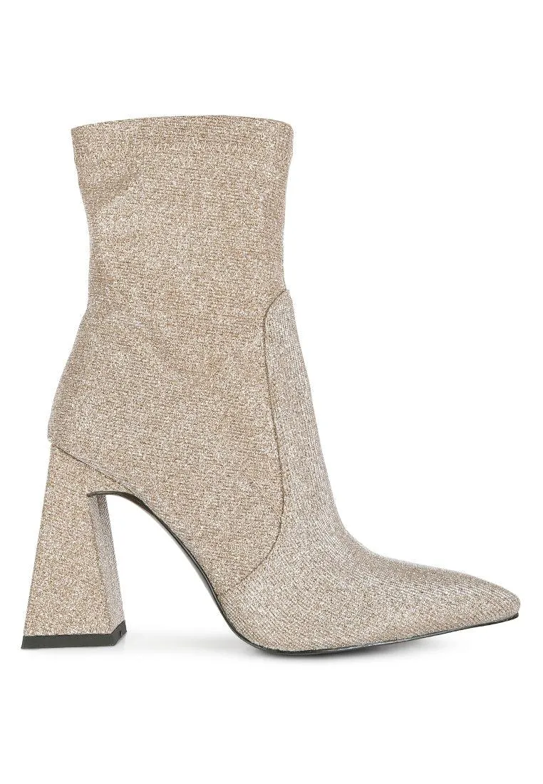 hustlers shimmer block heeled ankle boots