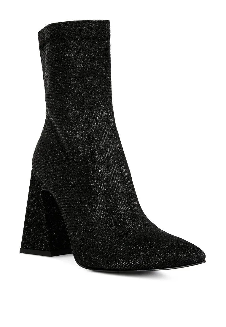 hustlers shimmer block heeled ankle boots