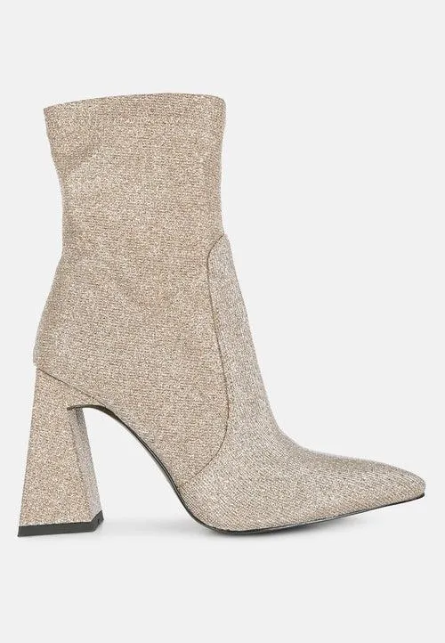 hustlers shimmer block heeled ankle boots