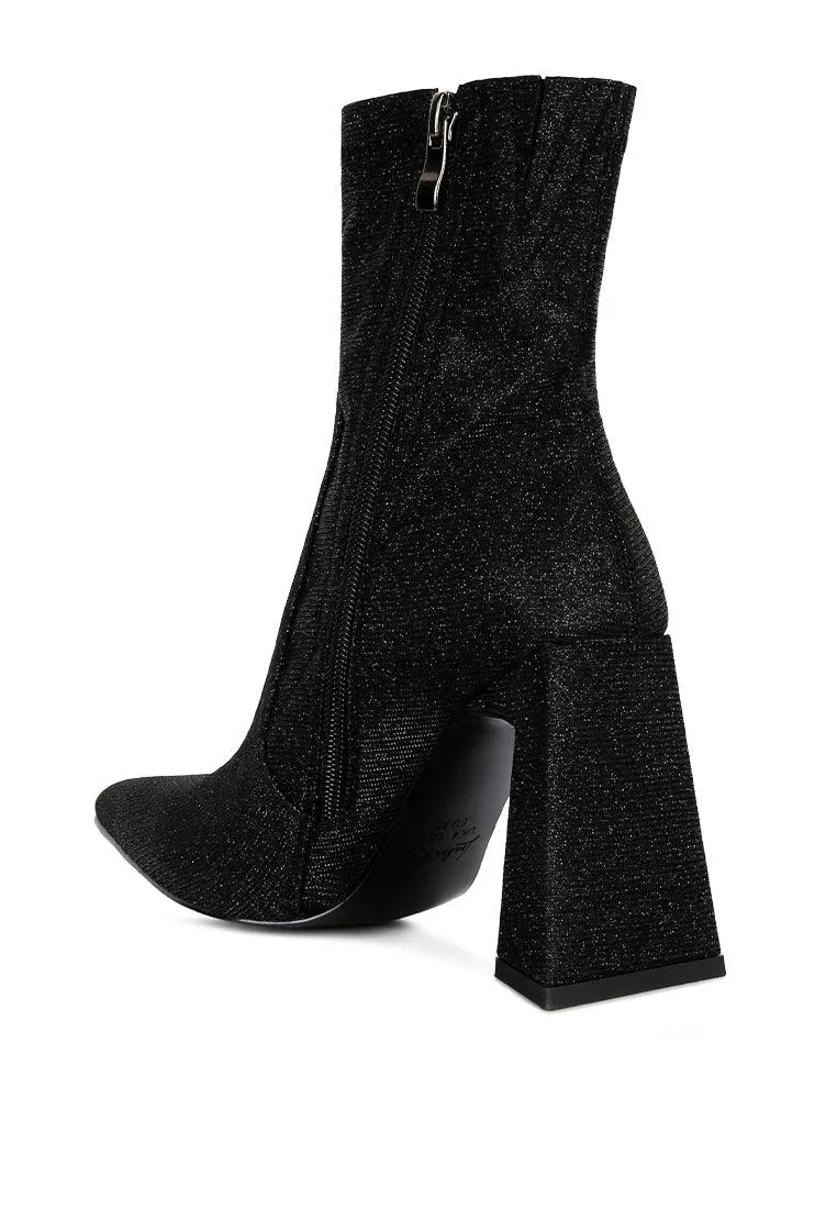 hustlers shimmer block heeled ankle boots