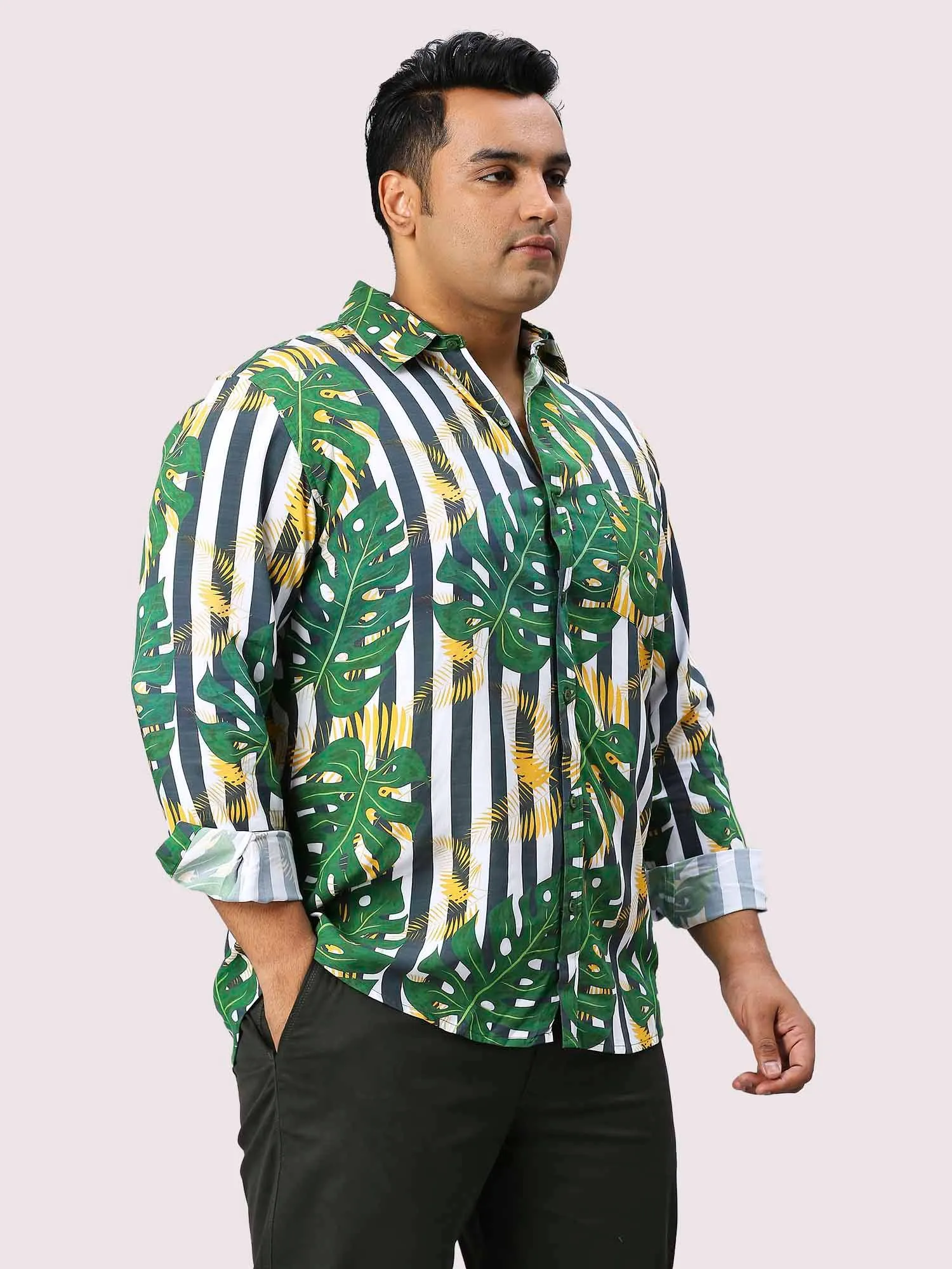 Leaf Stripe Digital Printed Full Sleeve Men's Plus Size Shirt