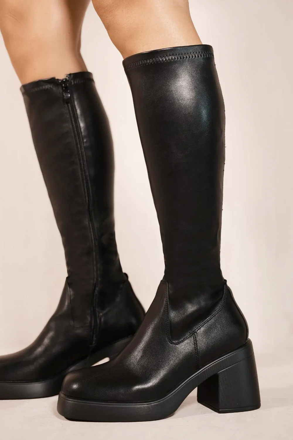 LILITH MID HIGH BLOCK HEEL CALF BOOTS WITH SIDE ZIP IN BLACK FAUX LEATHER