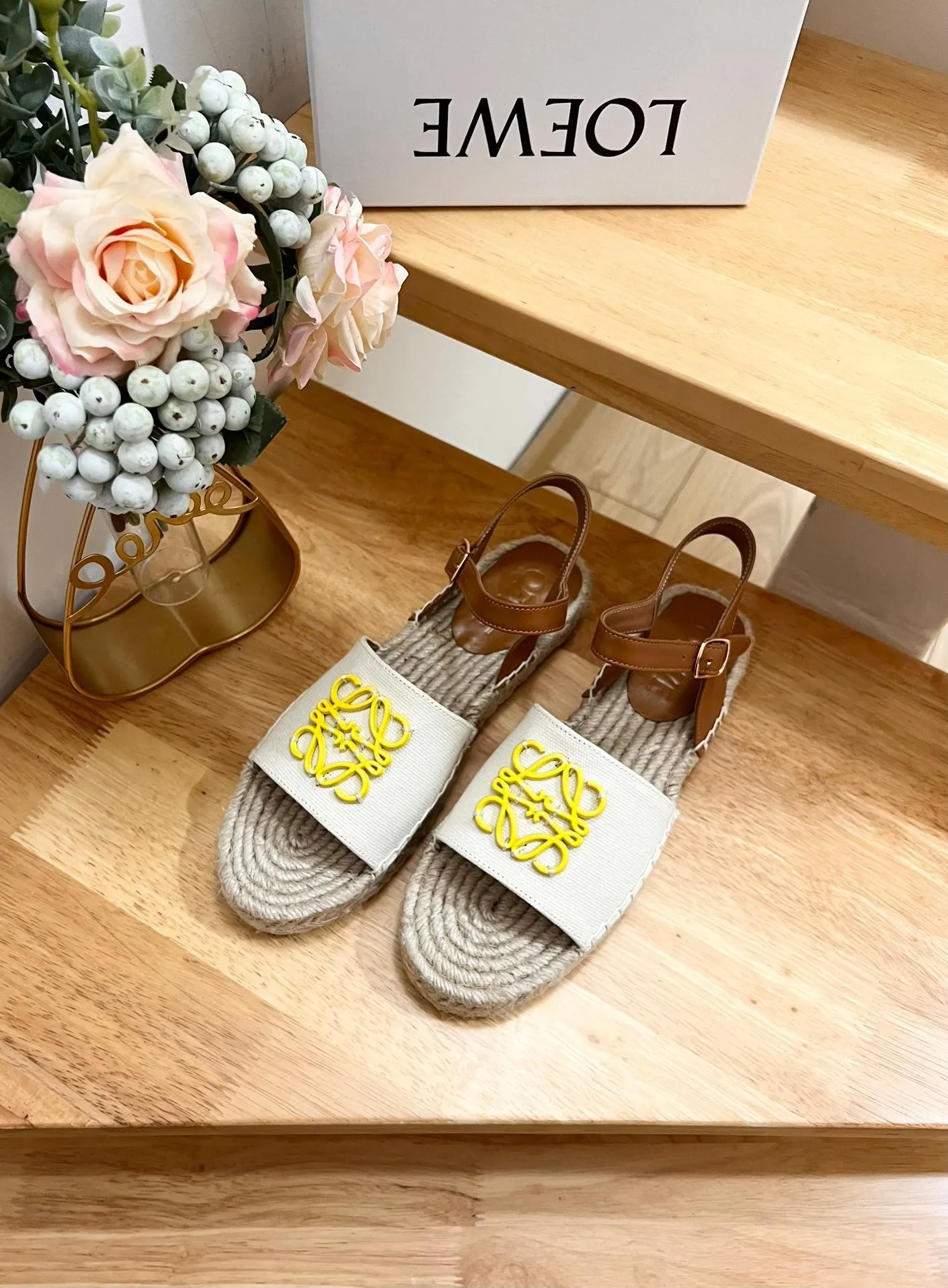 Loew Anagram Yellow logo White Brown Leather And Canvas Espadrille Sandals