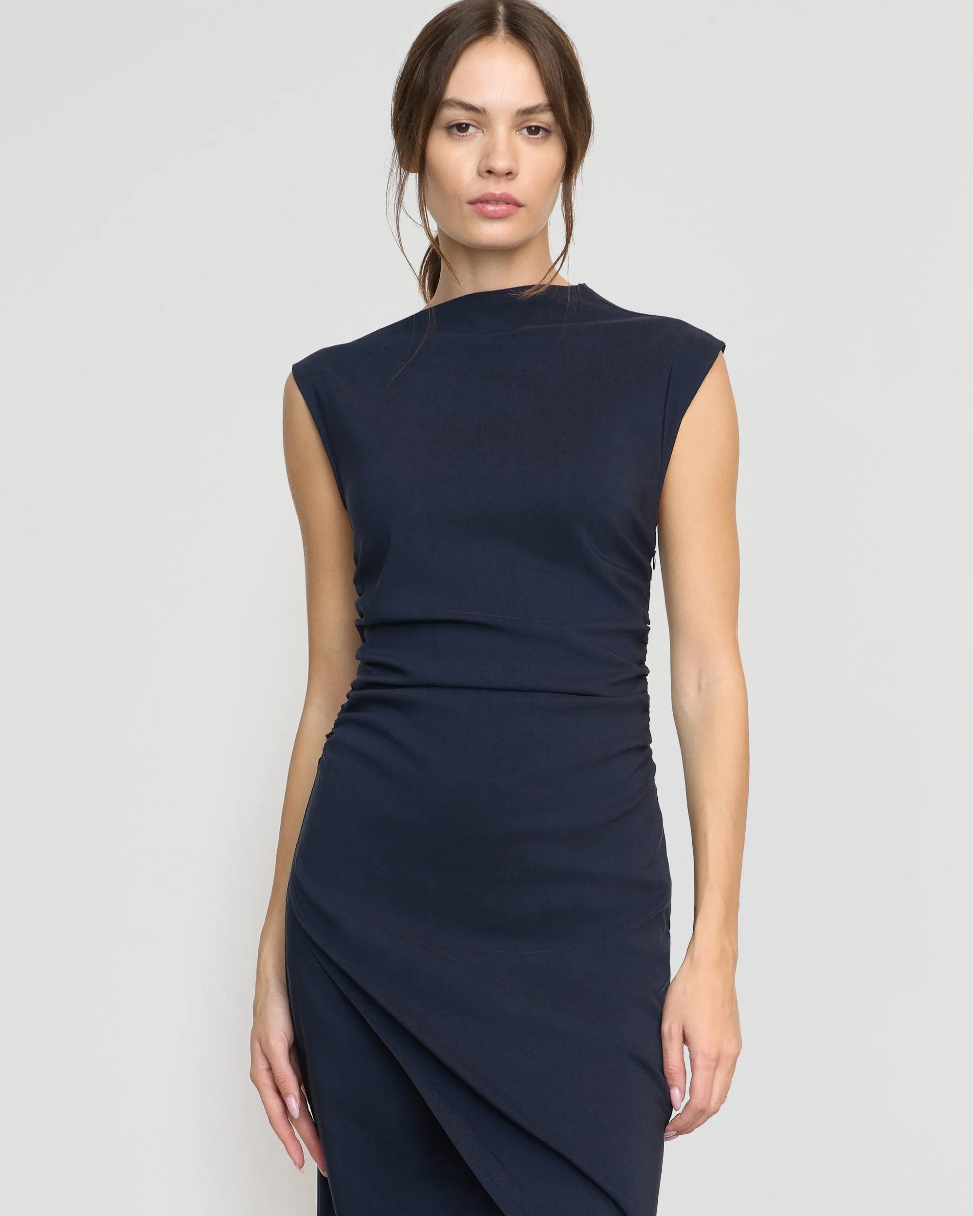 Manon Asymmetric-Neck Ruched Dress