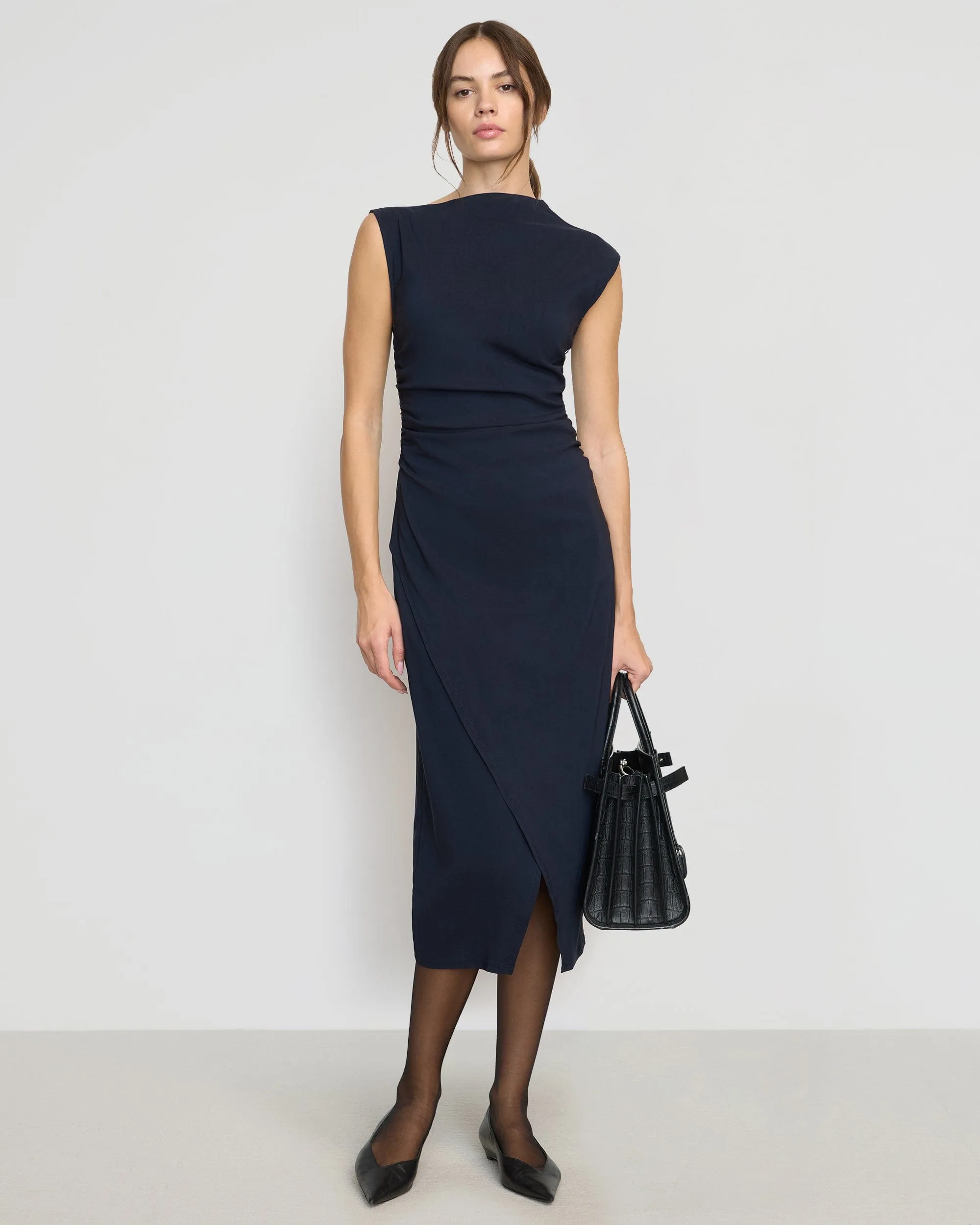 Manon Asymmetric-Neck Ruched Dress