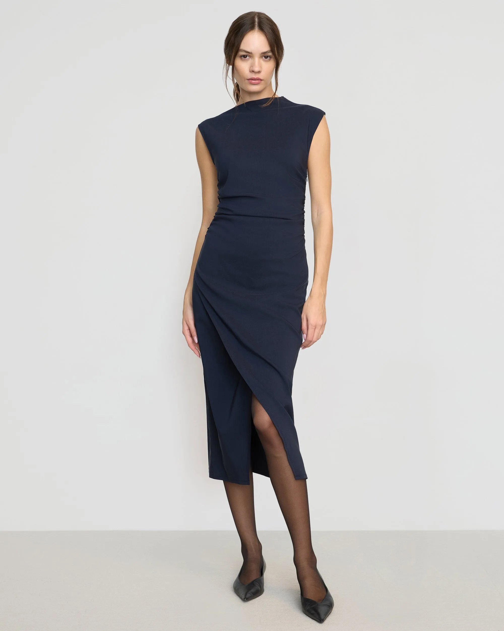 Manon Asymmetric-Neck Ruched Dress