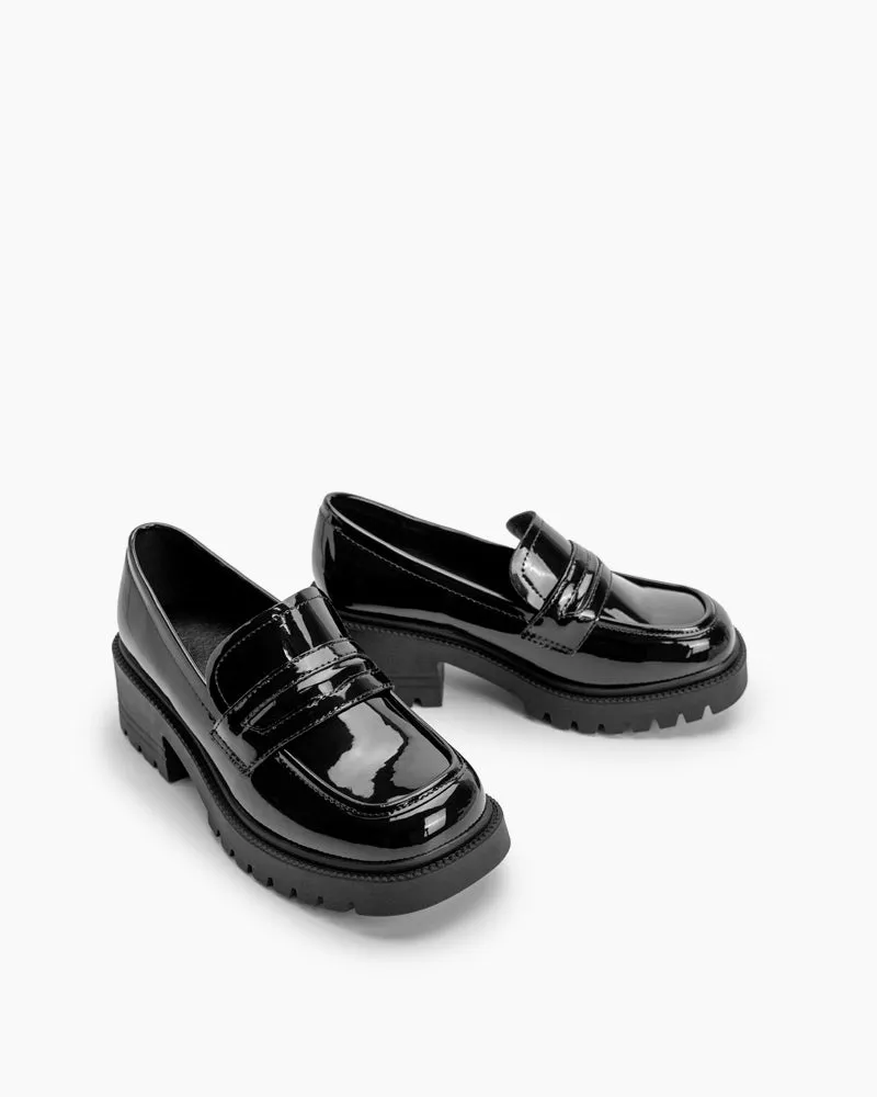 Matte and Patent Leather Penny Chunky Platform Slip-on Loafers