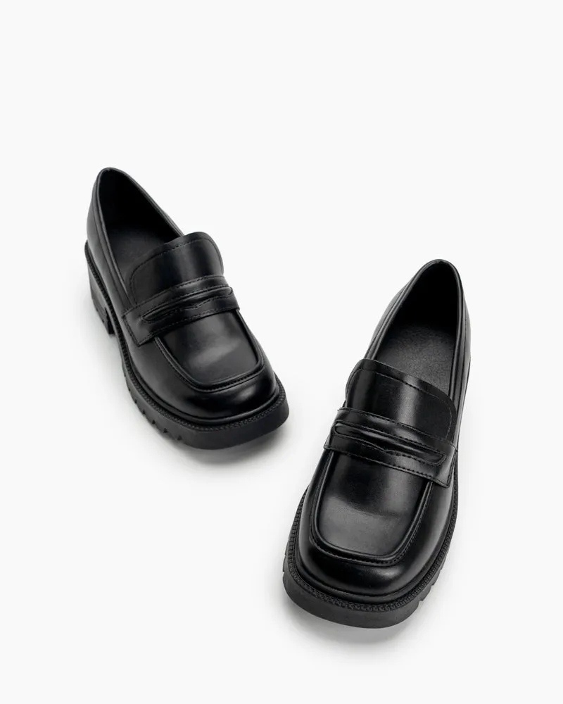 Matte and Patent Leather Penny Chunky Platform Slip-on Loafers