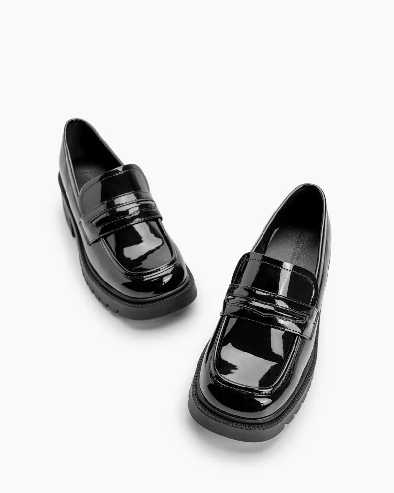 Matte and Patent Leather Penny Chunky Platform Slip-on Loafers