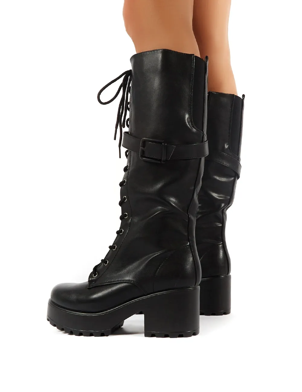 Melody Black Lace Up Chunky Heeled Knee High Boots