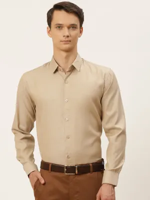 Men's Cotton Beige Self Design Classic Formal Shirt - Sojanya