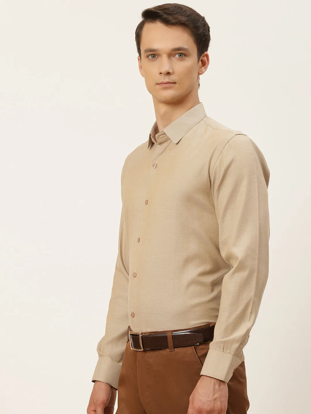 Men's Cotton Beige Self Design Classic Formal Shirt - Sojanya