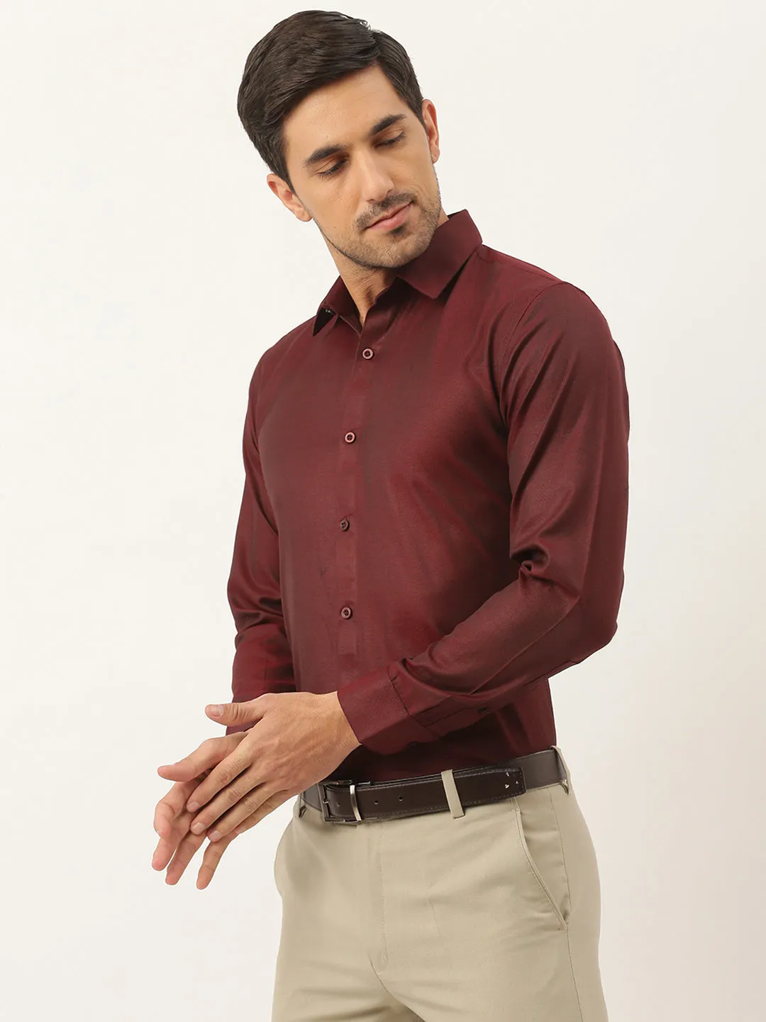 Men's Cotton Burgundy Self Design Classic Formal Shirt - Sojanya