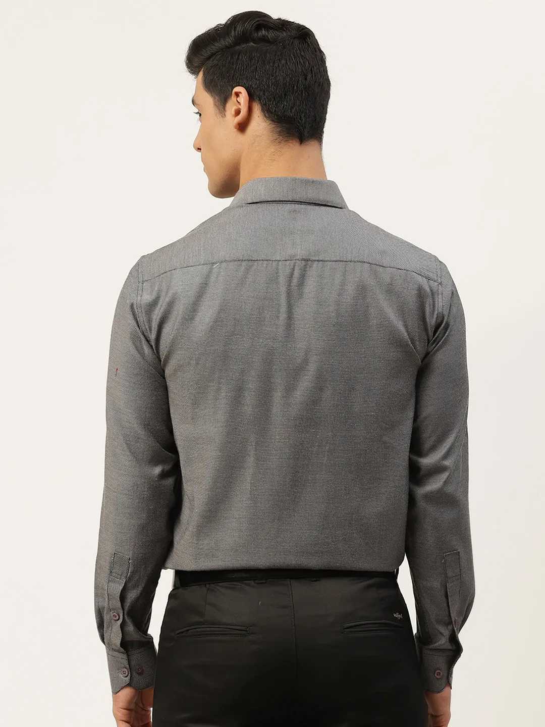 Men's Cotton Charcoal Grey Self Design Classic Formal Shirt - Sojanya