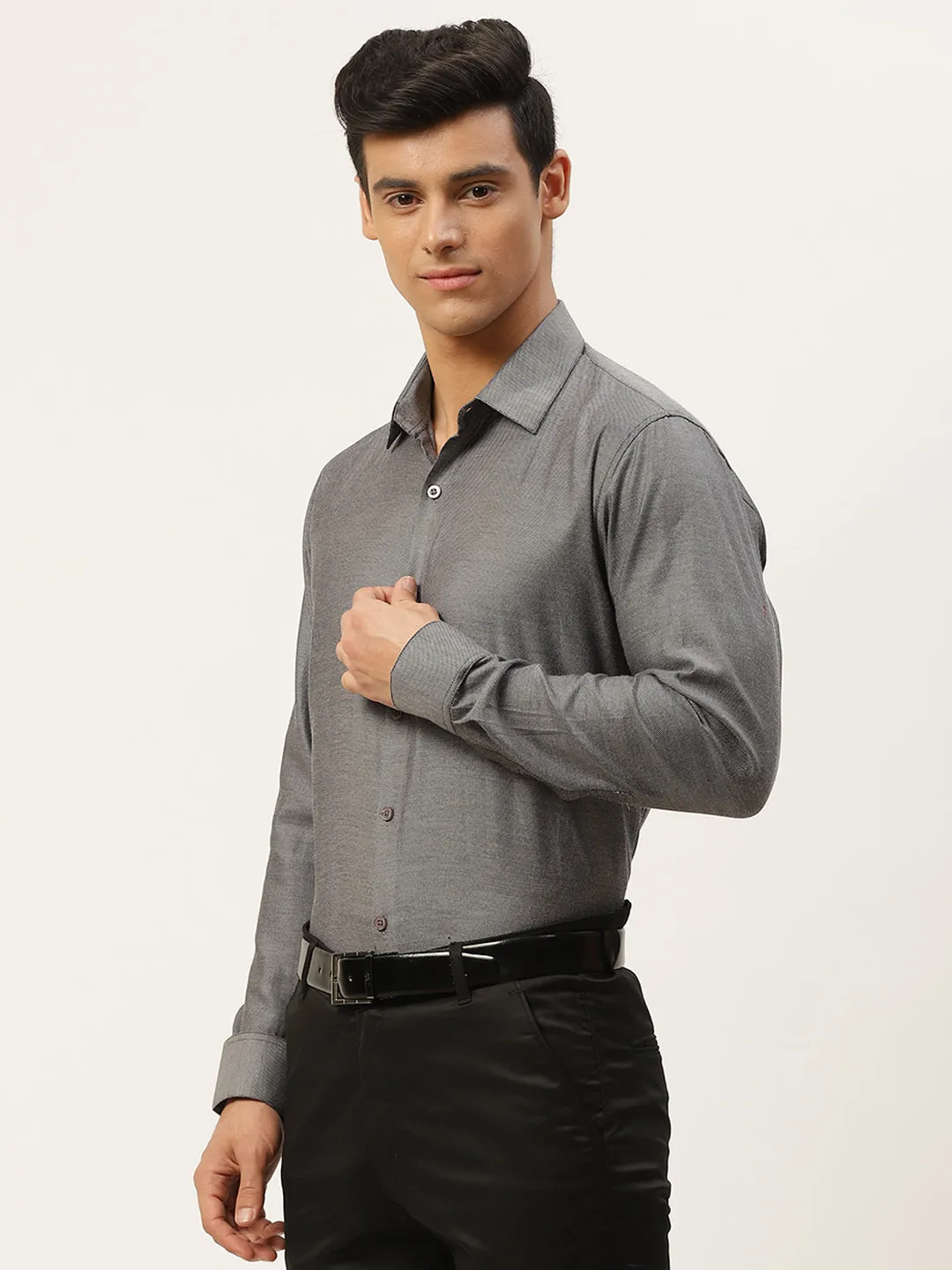 Men's Cotton Charcoal Grey Self Design Classic Formal Shirt - Sojanya