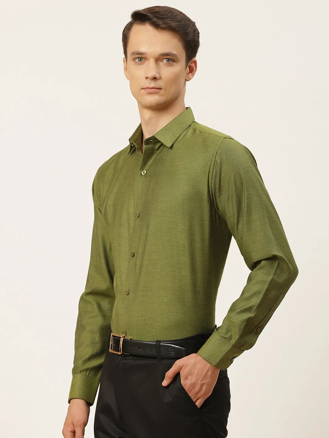 Men's Cotton Moss Green Self Design Classic Formal Shirt - Sojanya