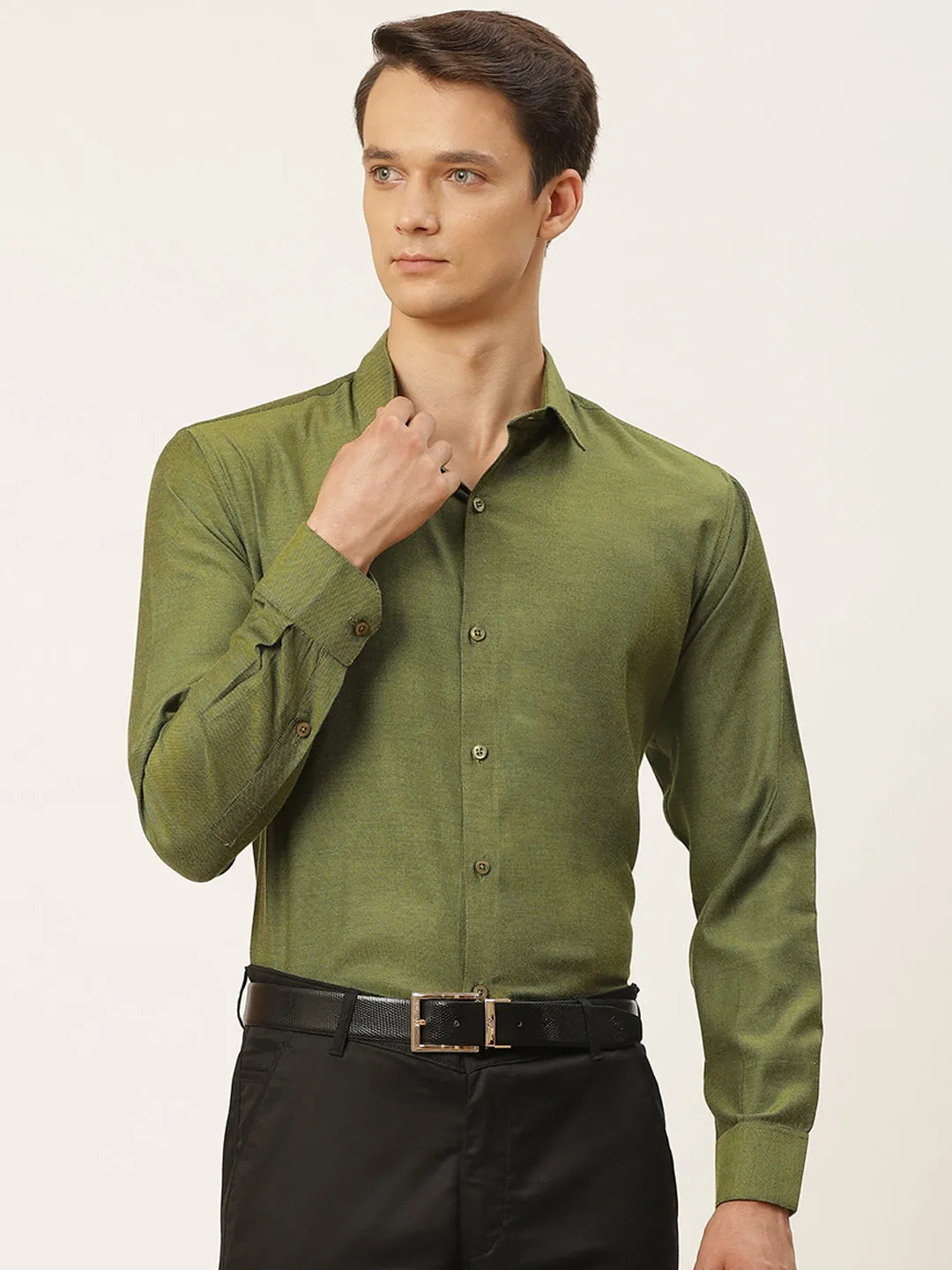 Men's Cotton Moss Green Self Design Classic Formal Shirt - Sojanya