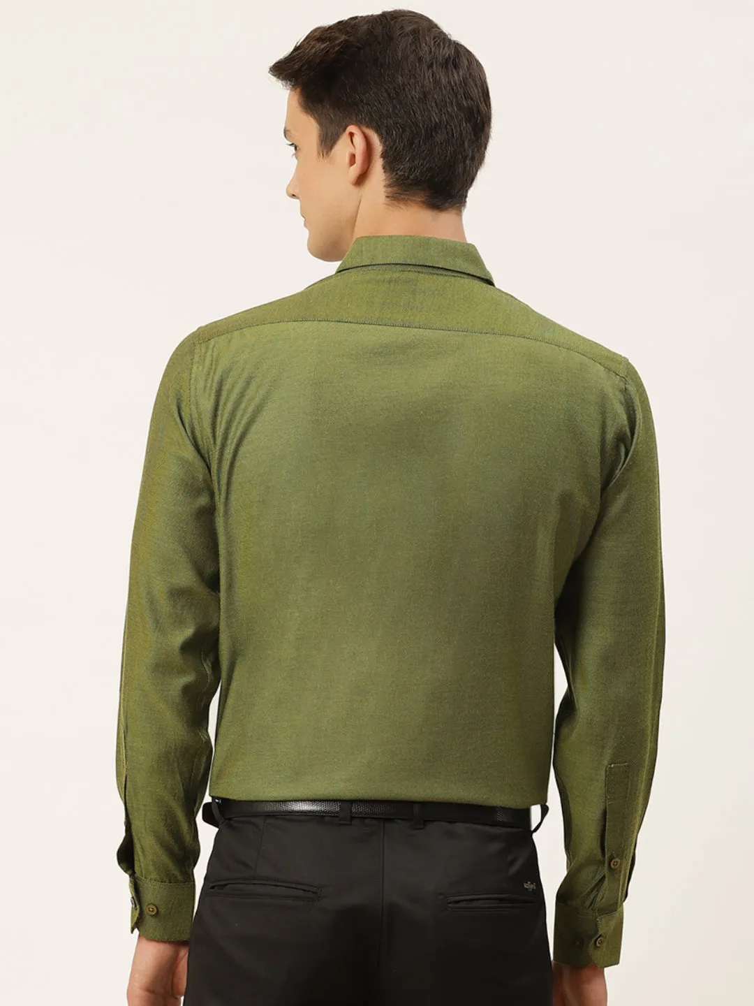 Men's Cotton Moss Green Self Design Classic Formal Shirt - Sojanya