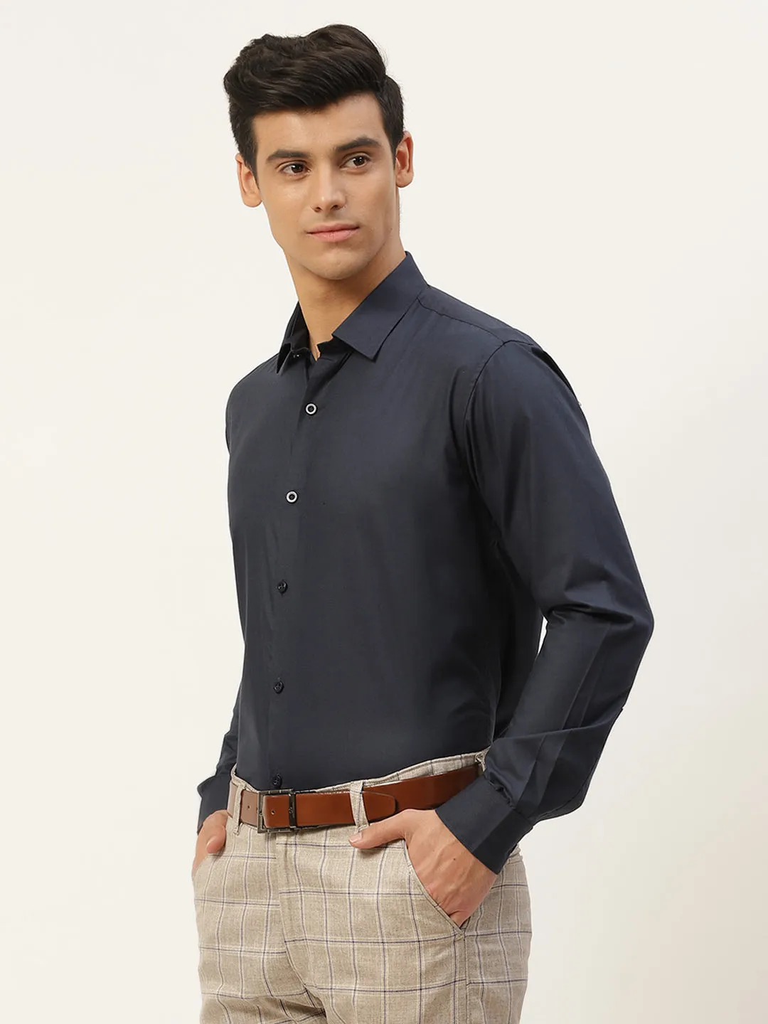 Men's Cotton Navy Blue Classic Formal Shirt - Sojanya