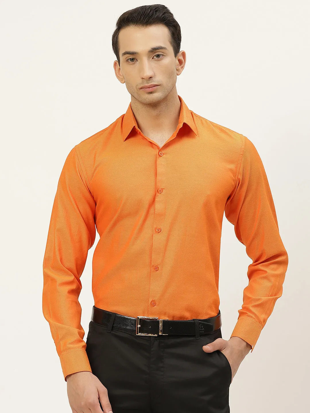 Men's Cotton Orange Self Design Classic Formal Shirt - Sojanya