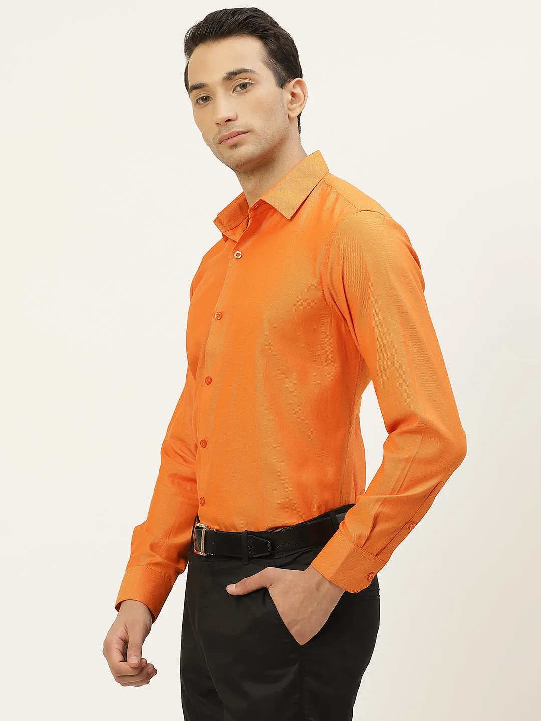 Men's Cotton Orange Self Design Classic Formal Shirt - Sojanya