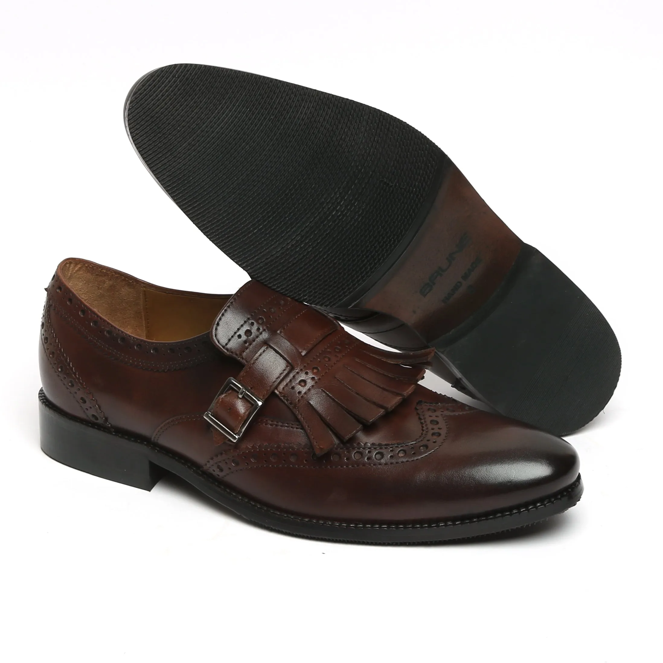 Men's Dark Brown wingtip Brogue fringes Single Monk Strap Leather Shoes By Brune & Bareskin