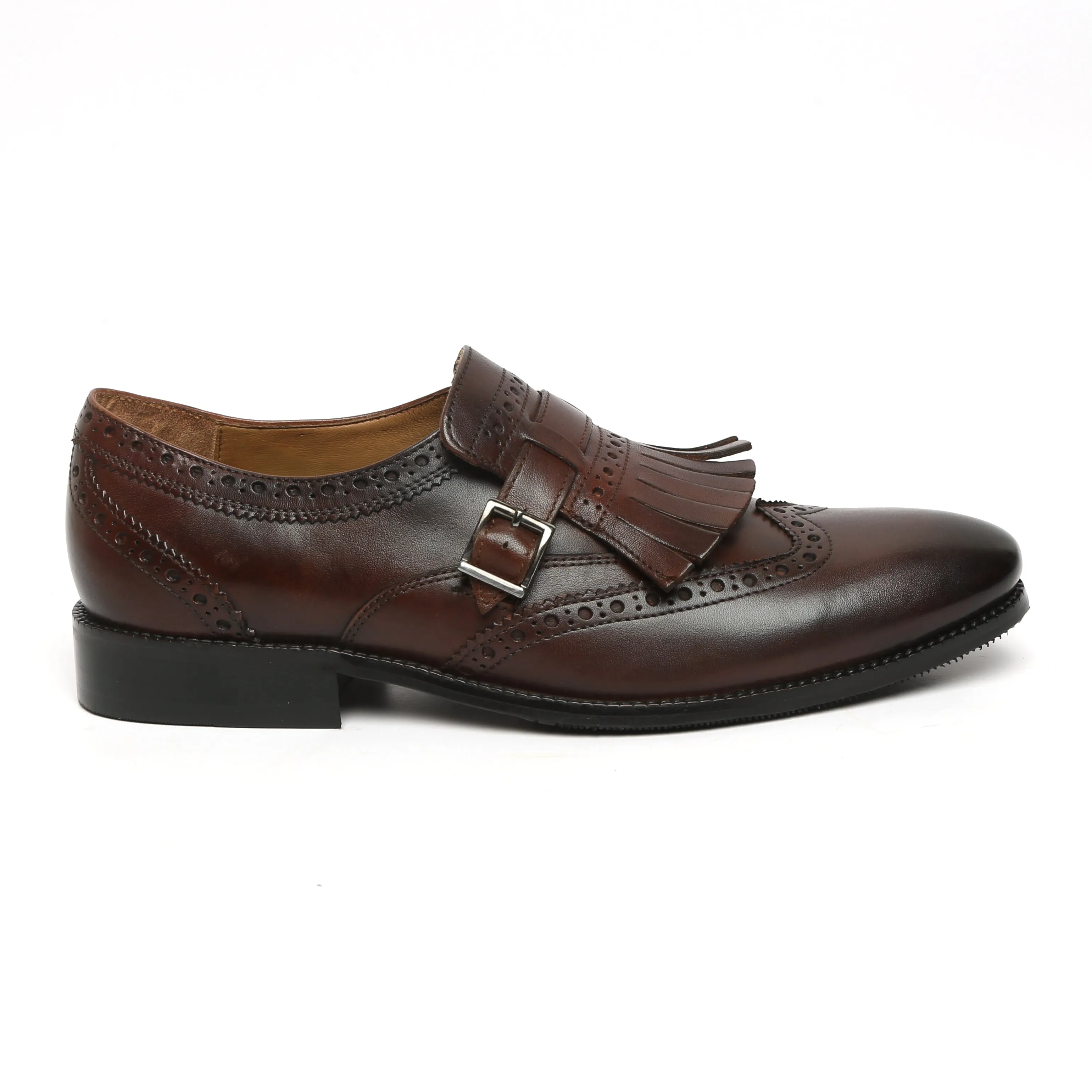 Men's Dark Brown wingtip Brogue fringes Single Monk Strap Leather Shoes By Brune & Bareskin