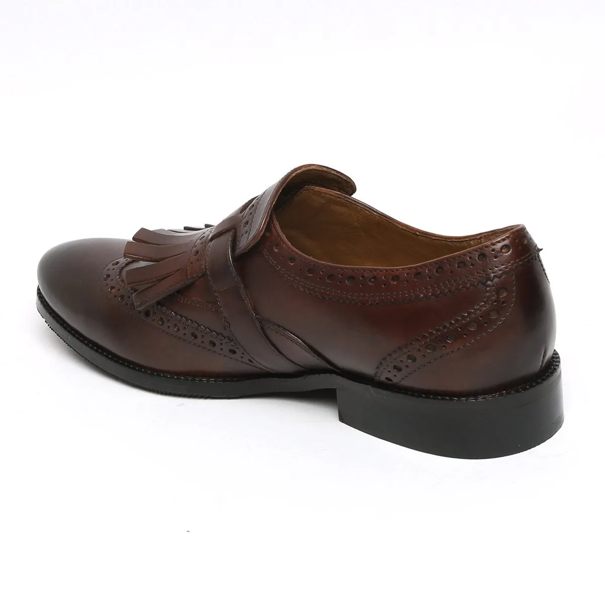 Men's Dark Brown wingtip Brogue fringes Single Monk Strap Leather Shoes By Brune & Bareskin