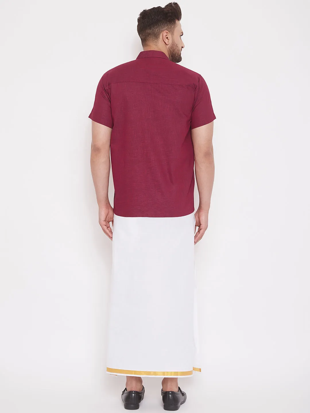 Men's Maroon And White Cotton Blend Shirt And Mundu - Vastramay