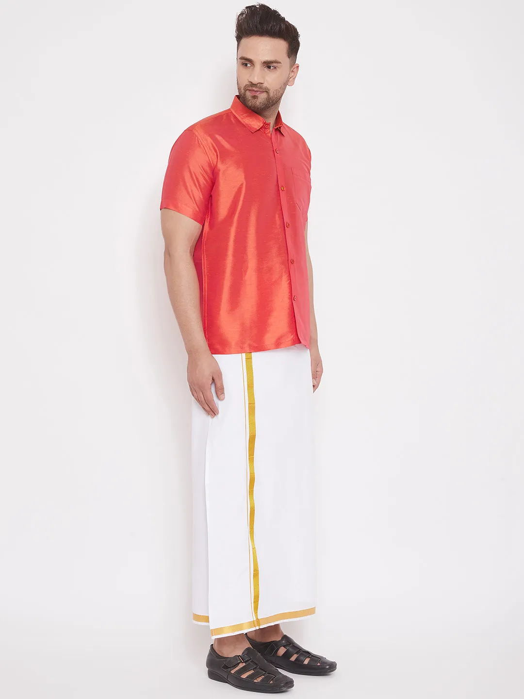 Men's Red And White Silk Blend Shirt And Mundu - Vastramay