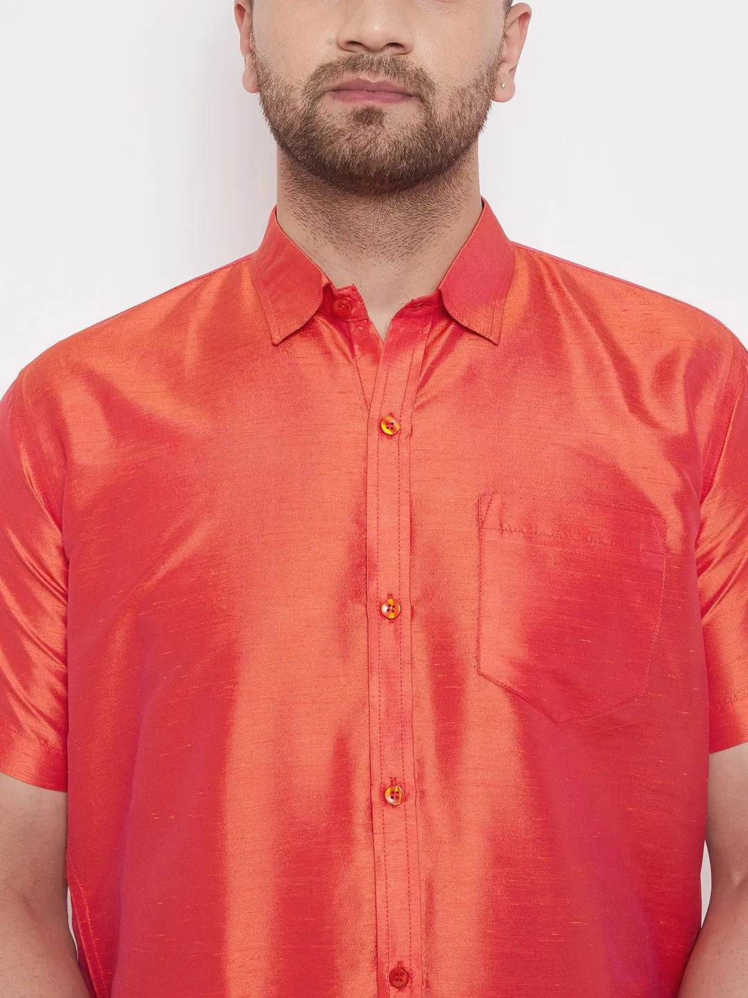 Men's Red And White Silk Blend Shirt And Mundu - Vastramay