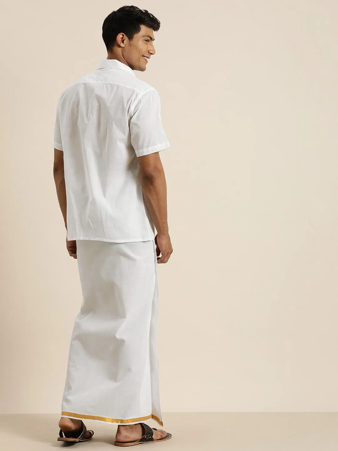 Men's White And White Pure Cotton Shirt And Mundu - Vastramay