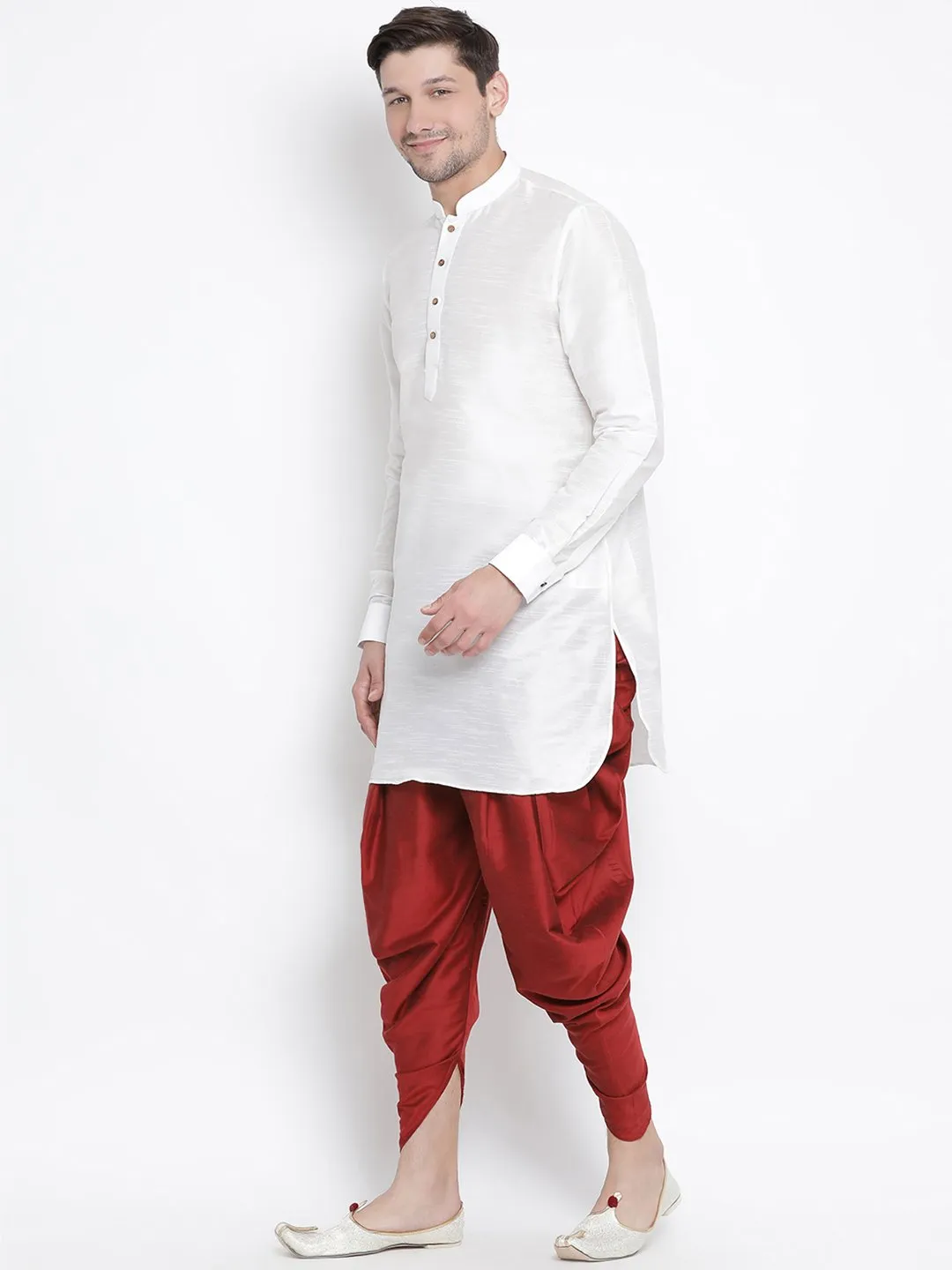 Men's White Silk Blend Kurta and Dhoti Pant Set - Vastramay