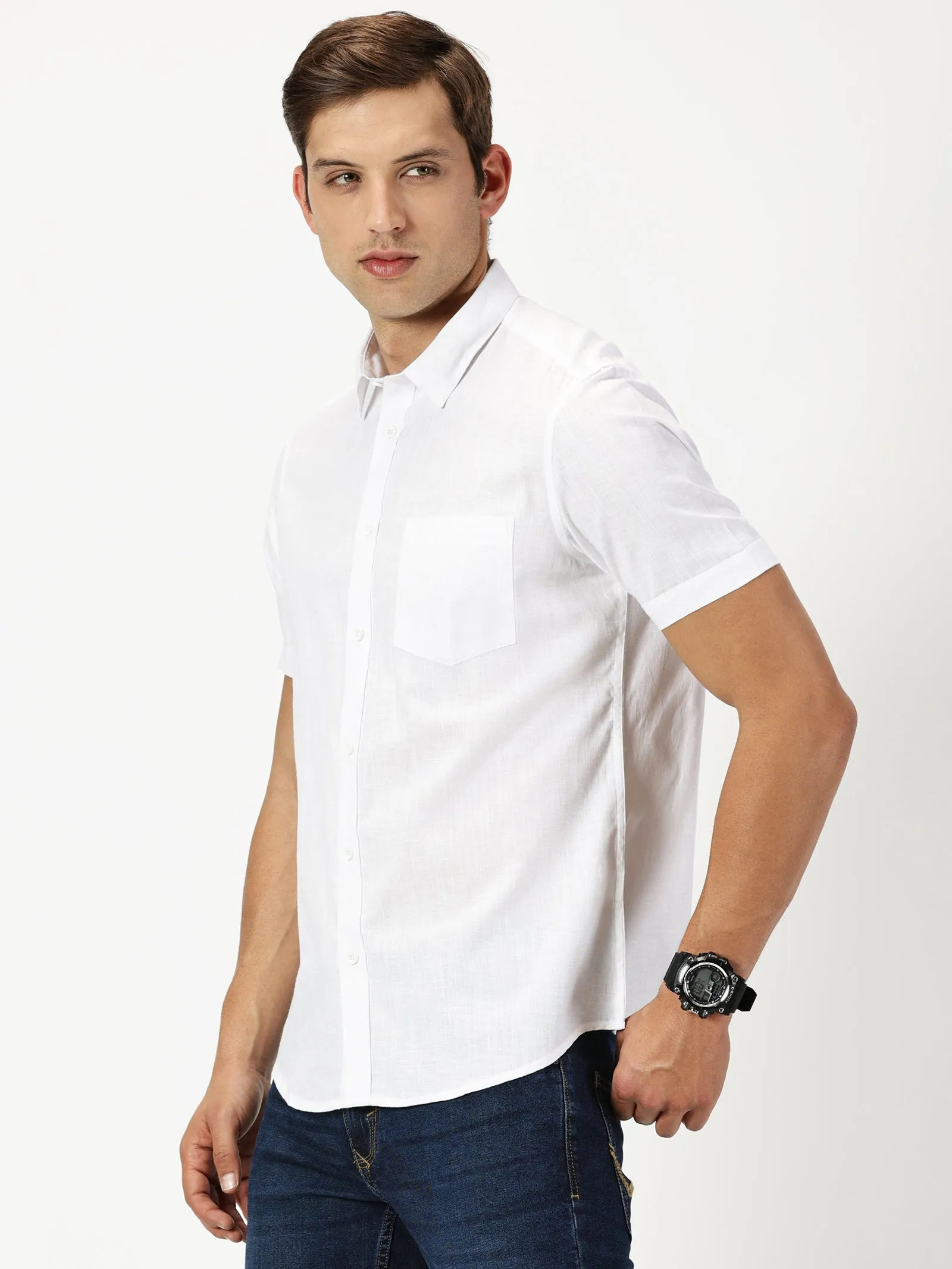 MEN'S WHITE SOLID COTTON LINEN SLIM FIT SHIRT