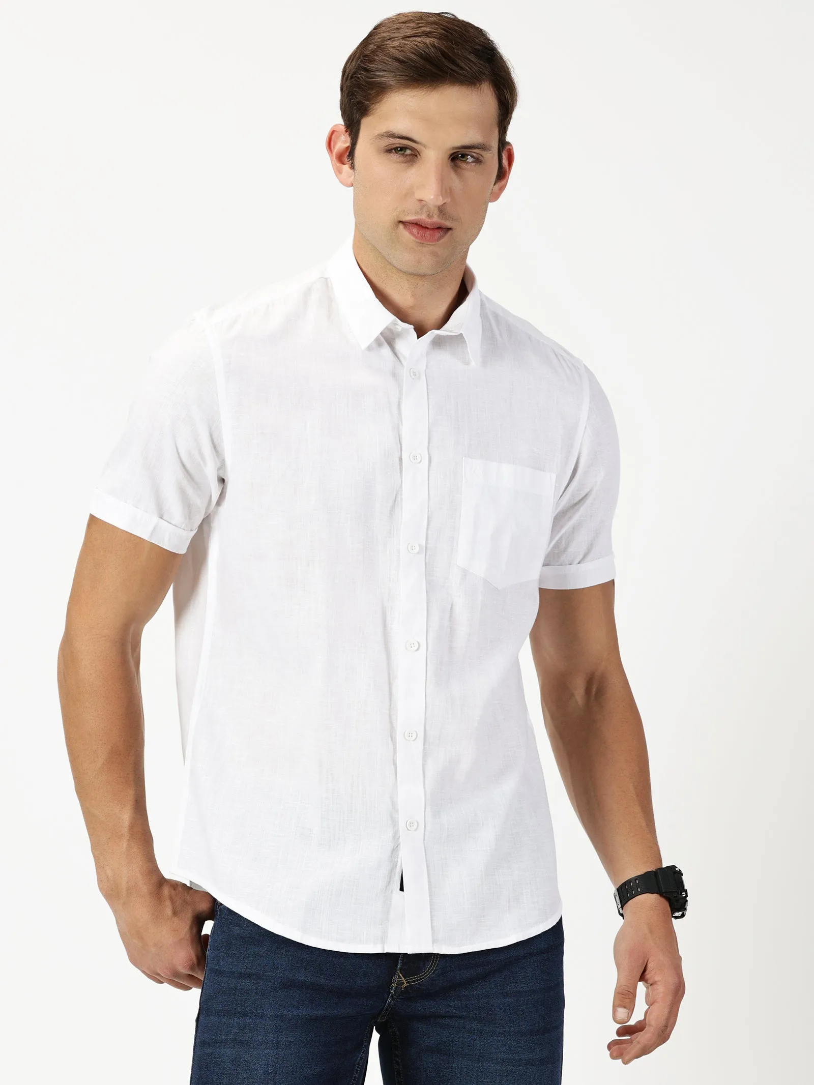 MEN'S WHITE SOLID COTTON LINEN SLIM FIT SHIRT